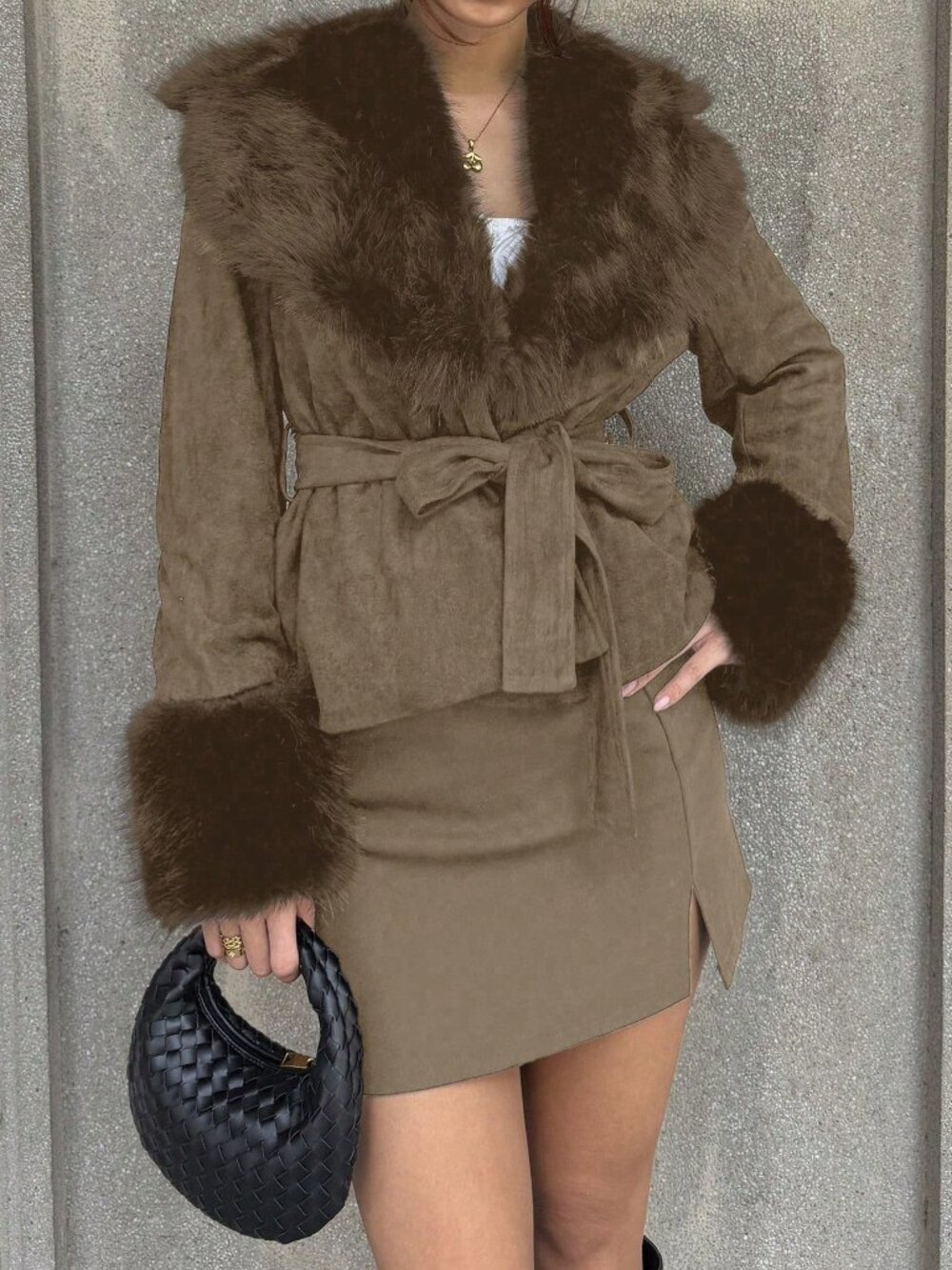 Khaki Casual Women's Faux Fur Collar Splice Long Sleeve Jacket